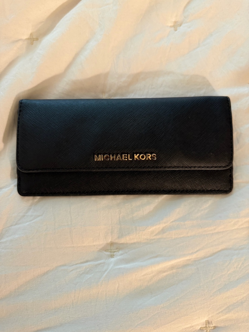 Michael Kors Black Leather Continental Wallet with Gold Logo